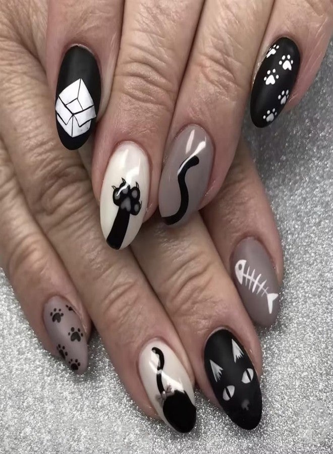 TOGZOM Halloween Press on Nails Short Oval Fake Nails Balck Cat Acrylic Nails with Designs Stray Cat Glue on Nails Short Almond False Nails Stick on Nails for Women Nails Deco 24Pcs - Image 1